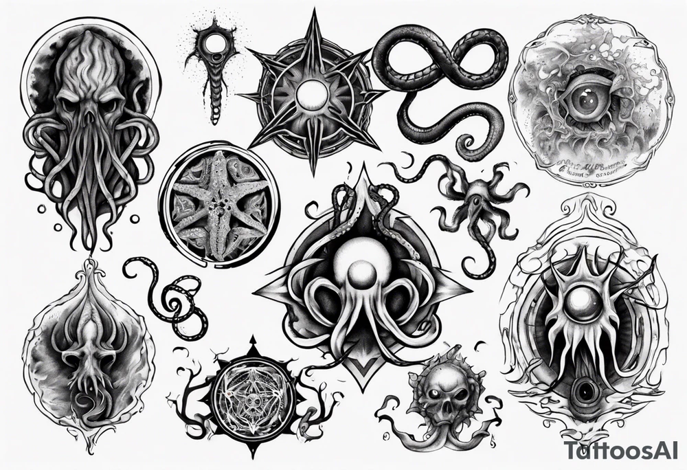 lovecraft long tattoo to put on the forearm, with eye and tentacle tattoo idea