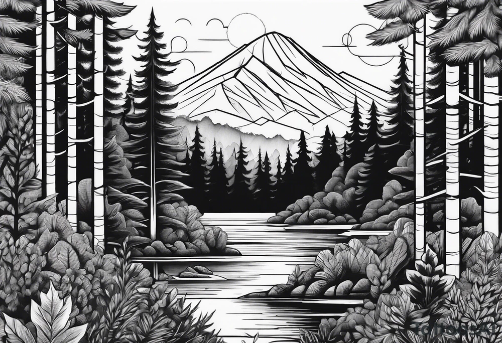 forest along the edges where there are fires below and in the distance with full trees tattoo idea