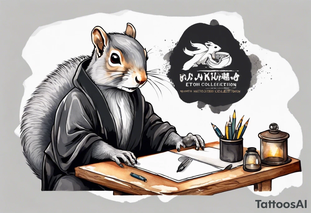 an elderly grey squirrel with a long beard wearing a black robe witting at a desk tattoo idea