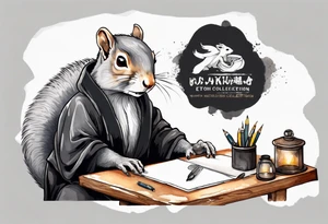 an elderly grey squirrel with a long beard wearing a black robe witting at a desk tattoo idea