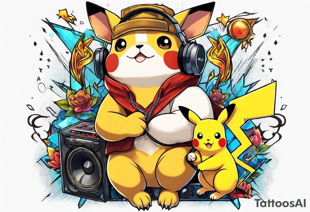pickachu sitting next to a lion listening to music with music notes and thunder bolts tattoo idea