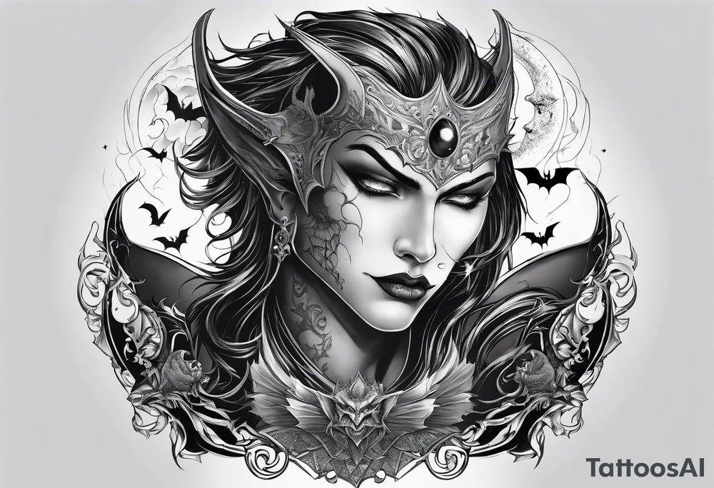 Mythic vampire man emperrior and moon and bat tattoo idea