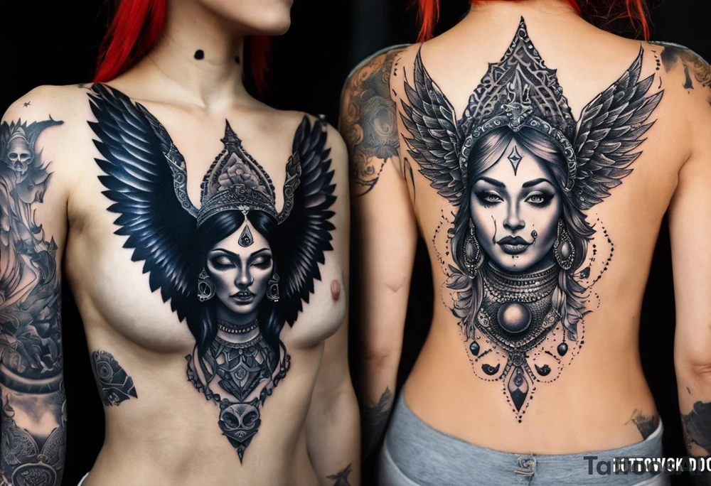 black kali, goddess pirate, alien, angel, pachamama, valkrye, warrior, flying, skull, lotus azul, wing, eagle, zenza resonance, stars, 5D, anahata chakra, death, durga, riding on a tiger, flying lady, chest tatoo tattoo idea