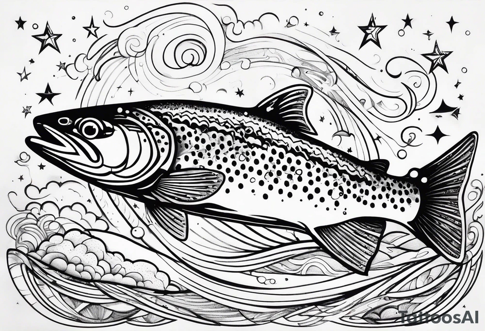 A rainbow trout jumping out of the stars tattoo idea