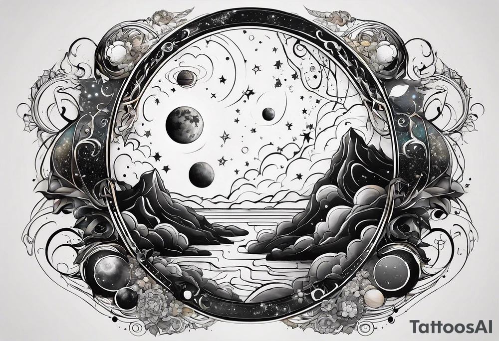 A tattoo featuring a cosmic scene with planets, black holes, and supernovae intertwined with intricate linguistic symbols, reflecting the client's interests in cosmology and linguistics. tattoo idea