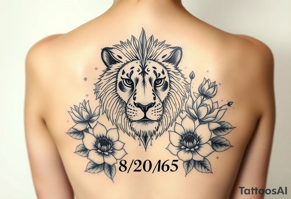lion face as one of the lotus flowers then the rest blooming lotus flowers in mist with the date 8/20/65 flowers surrounding lion tattoo idea