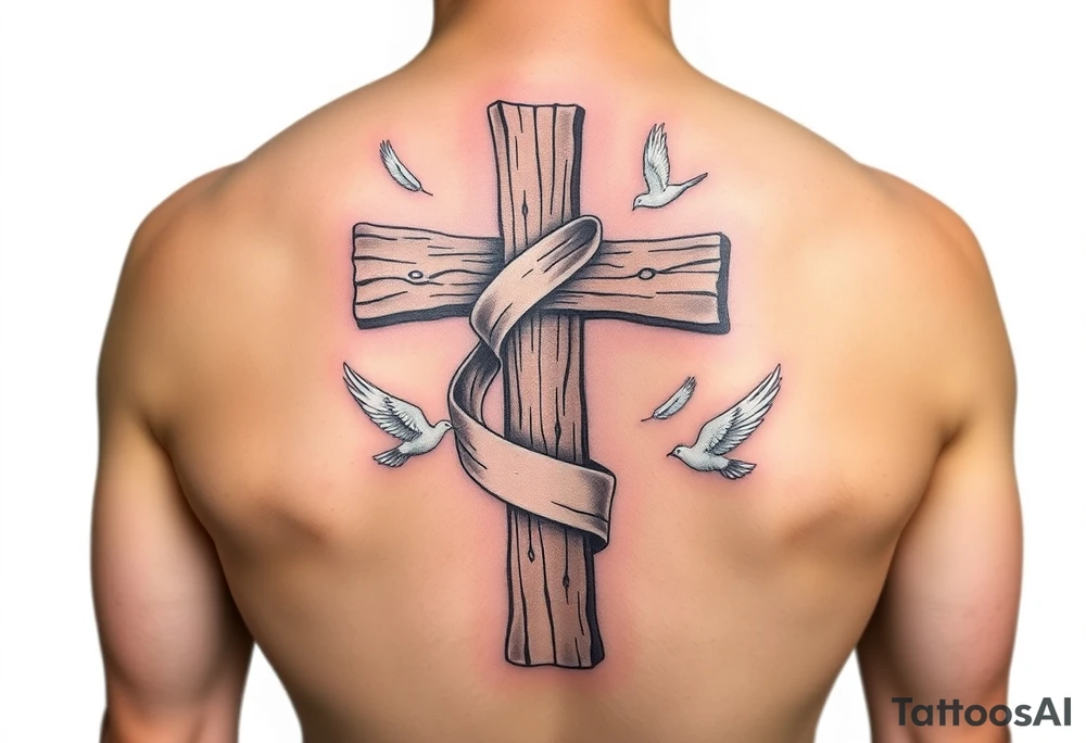 A rustic wooden cross wrapped in a flowing white ribbon, with white dove feathers scattered around. tattoo idea