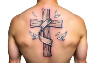 A rustic wooden cross wrapped in a flowing white ribbon, with white dove feathers scattered around. tattoo idea