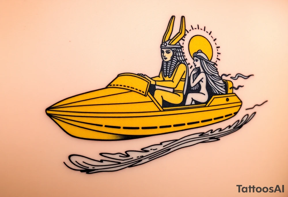 "Anubis driving a yellow Uber-styled solar barge.  
Passengers:  
- Голый Пикассо (из «Ампир V»)  
- Алиса (с табличкой 'Аид – 5★')  
Meter reads: *'SOUL: 4.8 rating (would not reincarnate)'*.  

Style: Urban hieroglyph. Black/yellow. Calf." tattoo idea