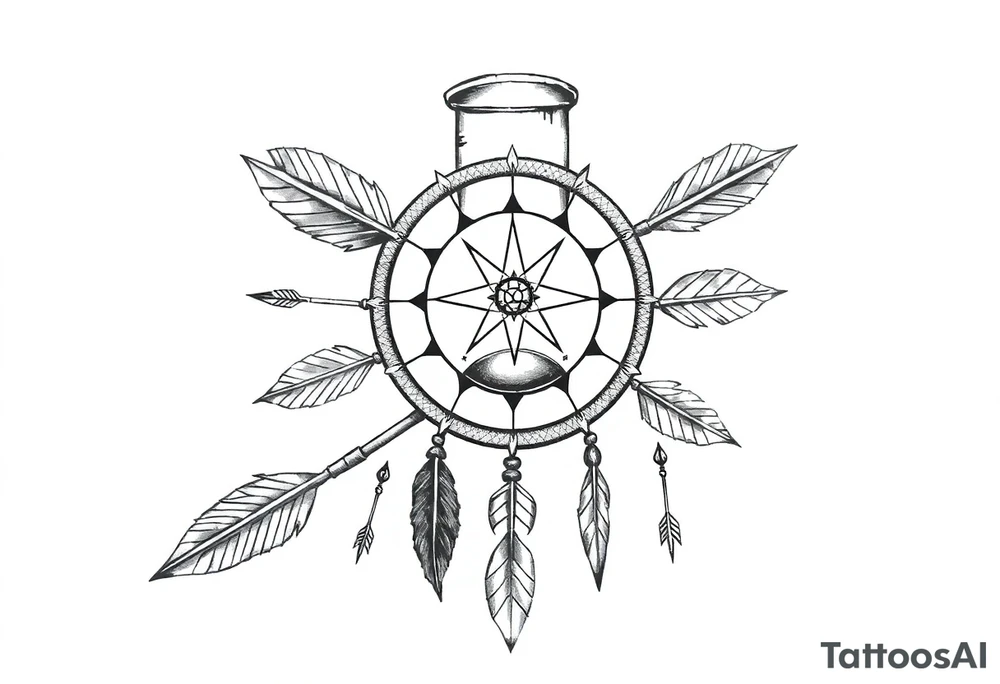 Detailed arrows pointing different ways with hourglass and compass over top dream catcher circling the entire tattoo idea