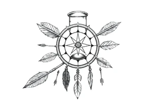 Detailed arrows pointing different ways with hourglass and compass over top dream catcher circling the entire tattoo idea