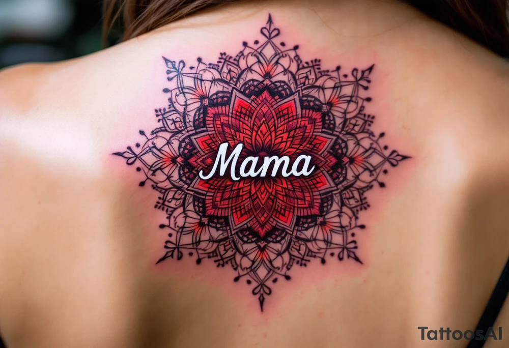 A vibrant mandala in reds and purples surrounding the small word “Mama” in white ink. tattoo idea