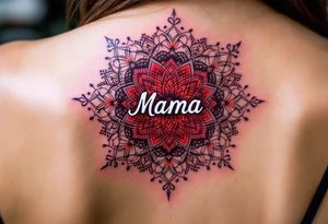 A vibrant mandala in reds and purples surrounding the small word “Mama” in white ink. tattoo idea