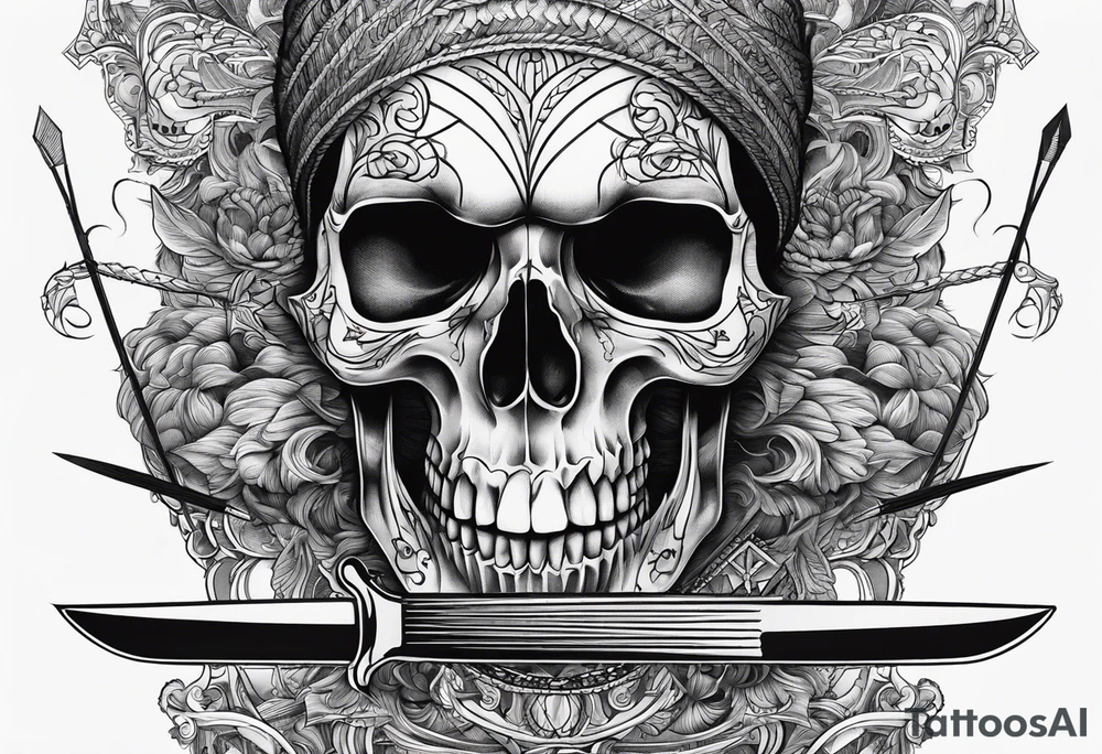 Black line skull with knitting needles stabbing through the eye sockets tattoo idea