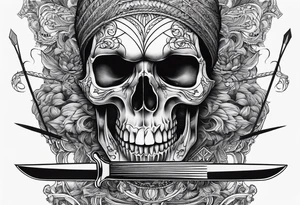 Black line skull with knitting needles stabbing through the eye sockets tattoo idea