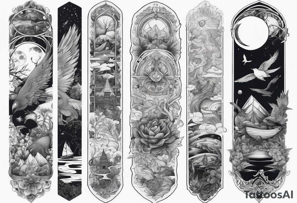 Fantasy story collage tattoo sleeve tattoo idea | TattoosAI