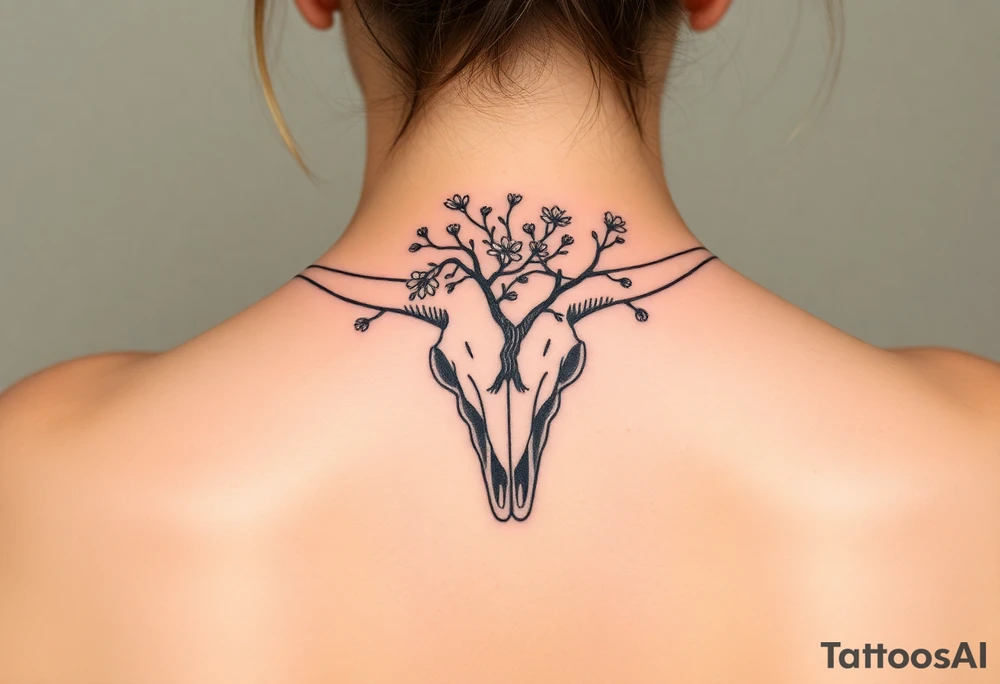 Texas Longhorn skull with tree growing out of it with flowers blooming tattoo idea