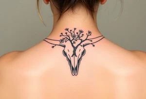 Texas Longhorn skull with tree growing out of it with flowers blooming tattoo idea
