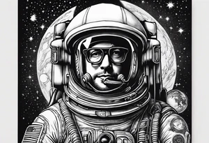 Craft an intricate black and white tattoo design inspired by the themes and imagery from Ray Bradbury's "Cosmonaut" and the poignant lyrics of Elton John's "Rocket Man." tattoo idea