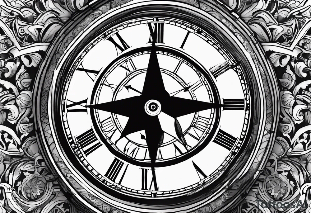 draw me a tattoo with an old clock and a compass rose. shadows of roman numerals are in the background. it is a tattoo located on the left shoulder of a man. it is black and white. tattoo idea