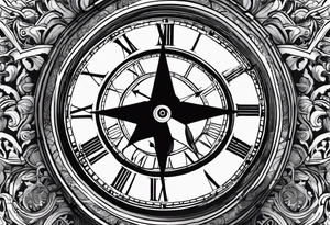 draw me a tattoo with an old clock and a compass rose. shadows of roman numerals are in the background. it is a tattoo located on the left shoulder of a man. it is black and white. tattoo idea