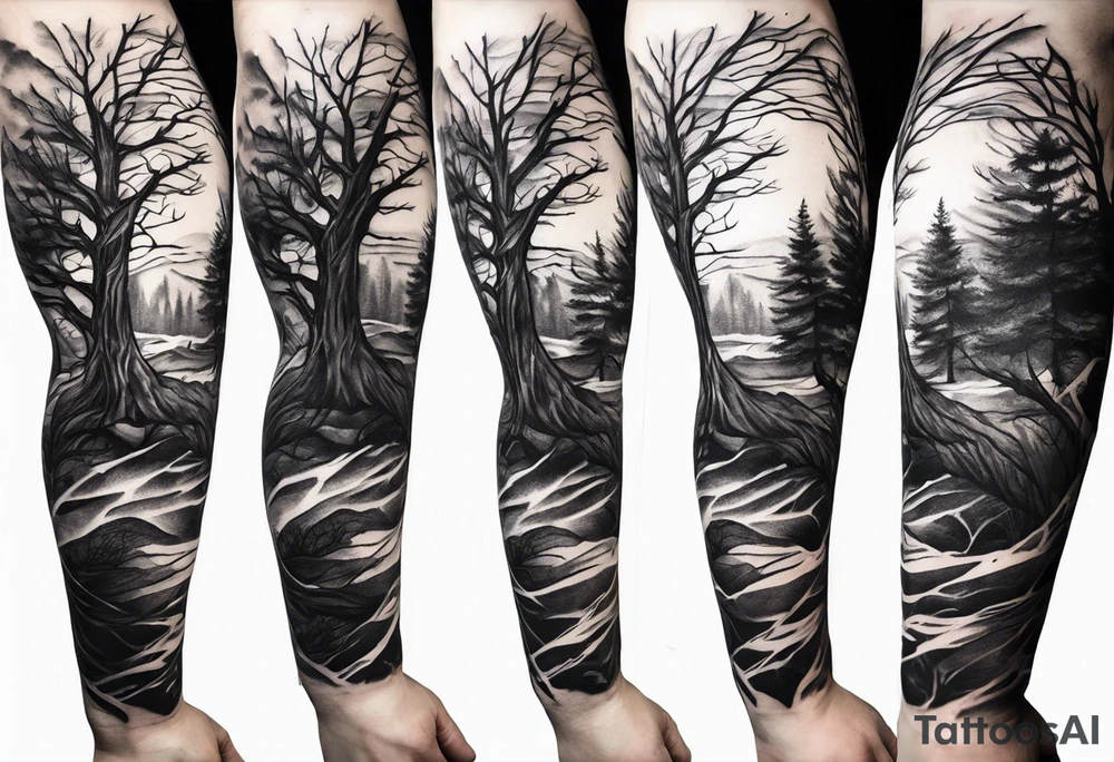 Elongated dead tree arm sleeve tattoo tattoo idea