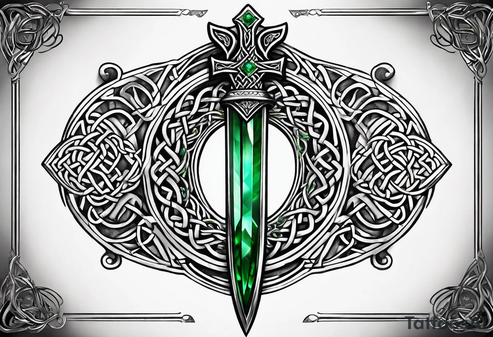 A Celtic dagger with an oak hilt turned upright and emerald gemstones on it tattoo idea