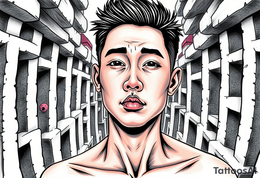 Handsome Asian young guy lost in a nightmarish labyrinth tattoo idea