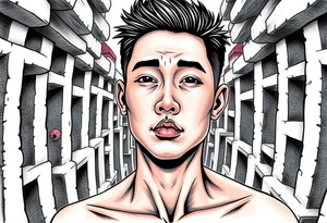 Handsome Asian young guy lost in a nightmarish labyrinth tattoo idea