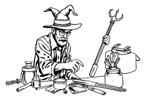 Young guy is exploring witch supplies, tools, equipment tattoo idea