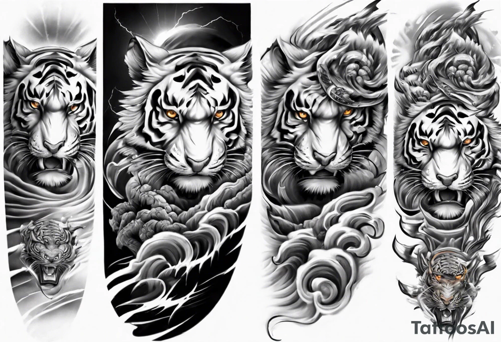 Tiger Warrior sleeve tattoo with lightning and the sun
Forearm sleeve tattoo idea