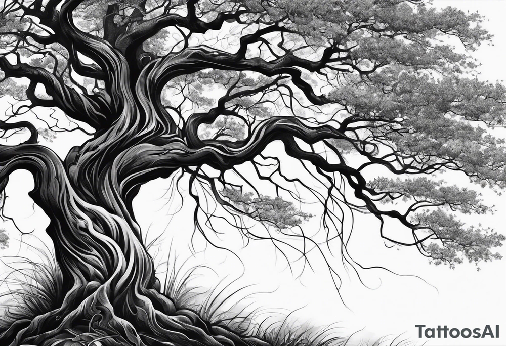 tree with long roots and branches tattoo idea