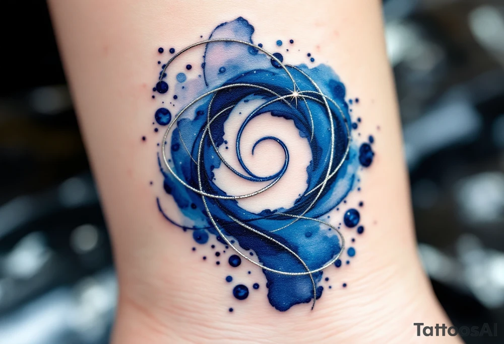 A bold navy blue spiral wrapped in thin silver threads, evoking a sense of cosmic energy. tattoo idea