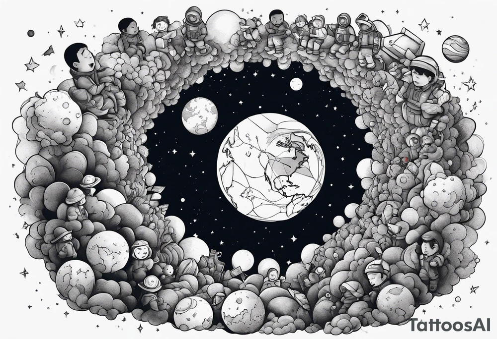 Crowd popping out from earth in space tattoo idea
