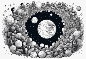 Crowd popping out from earth in space tattoo idea