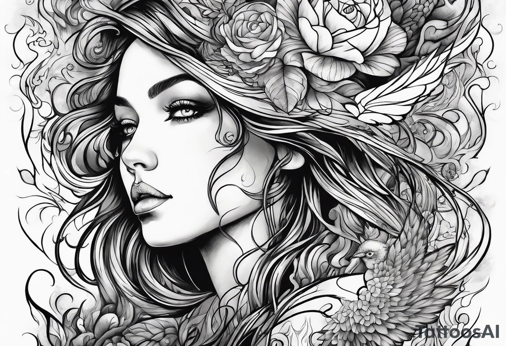 Resurrection strength and courage Beautiful Woman walking through fire and chaos to inner peace and self-love  ethereal tattoo idea