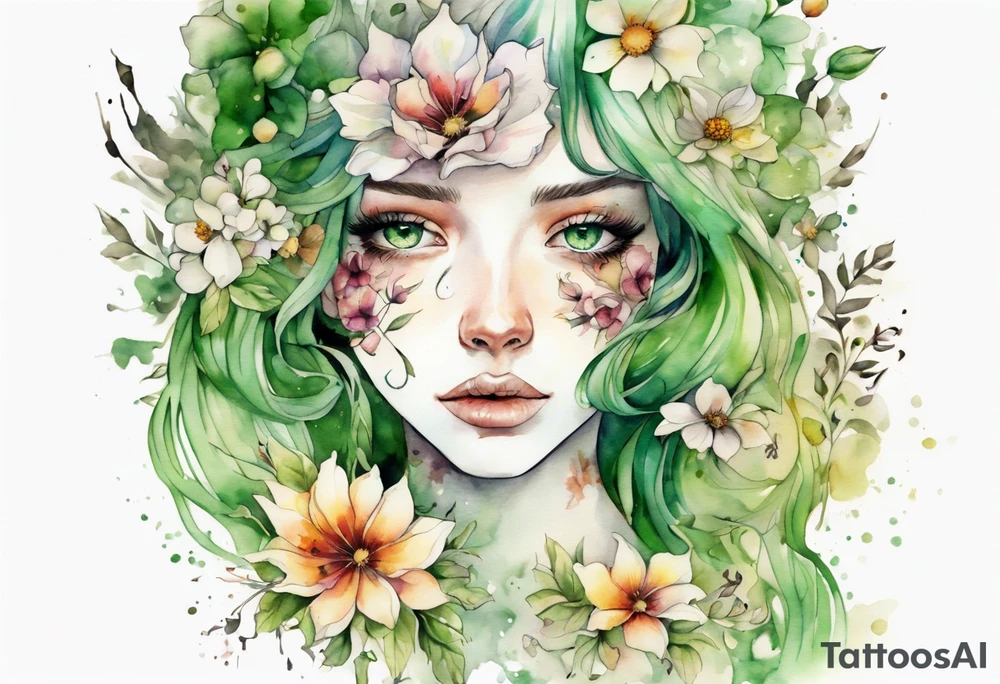 a beautiful face covered in flowers with green eyes tattoo idea