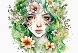 a beautiful face covered in flowers with green eyes tattoo idea