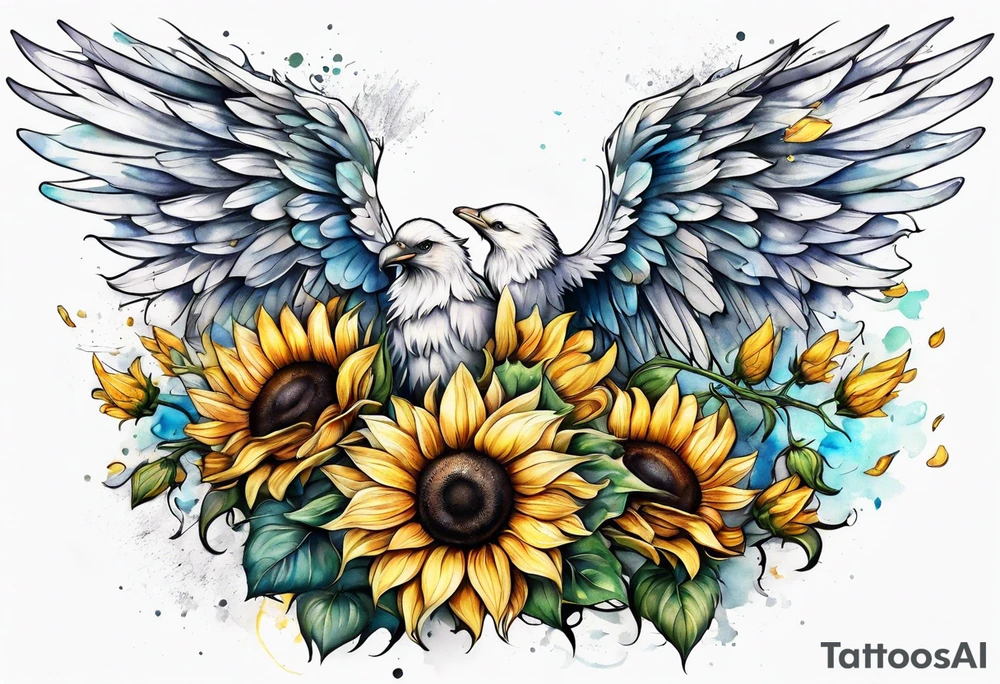 Sunflowers and angel wings leg sleeve tattoo idea