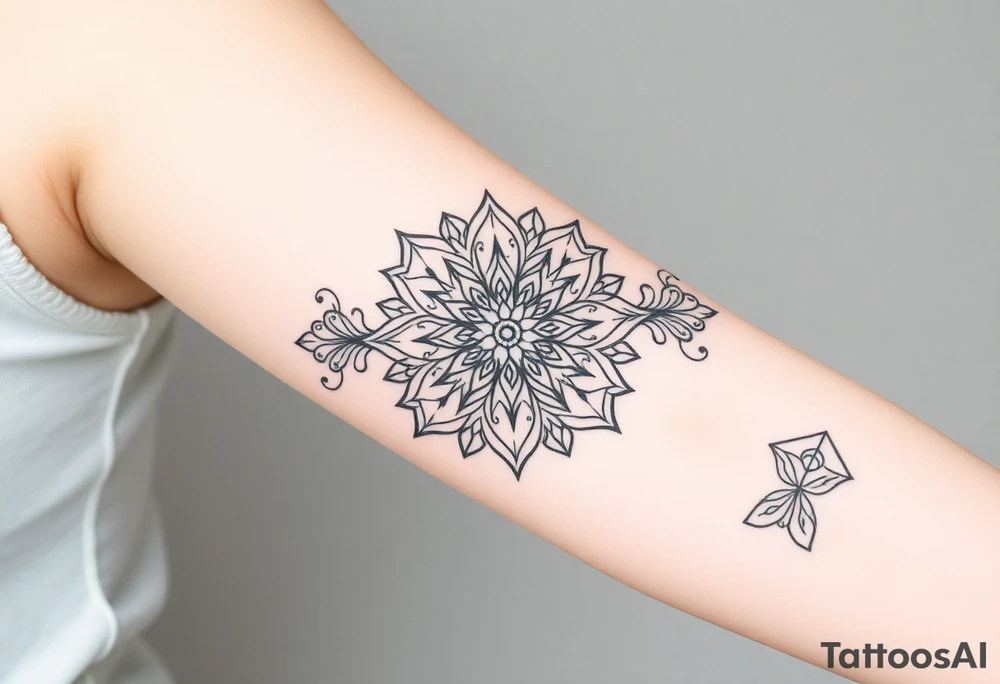 Geometric floral mandala with 5 Symbolic elements for each family member. Two base elements for my husband and I, intertwined floral patterns like mirrored vines or spiral paisleys representing our identical twins, and a Gemini zodiac sign for my son. Use feminine-yet-bold linework and Interconnected elements to reflect family unity tattoo idea