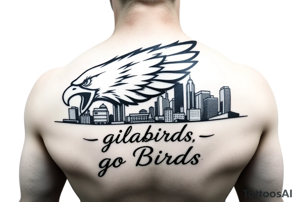 Philadelphia Eagle classic logo flying over Philadelphia city skyline with the words go Birds under it tattoo idea