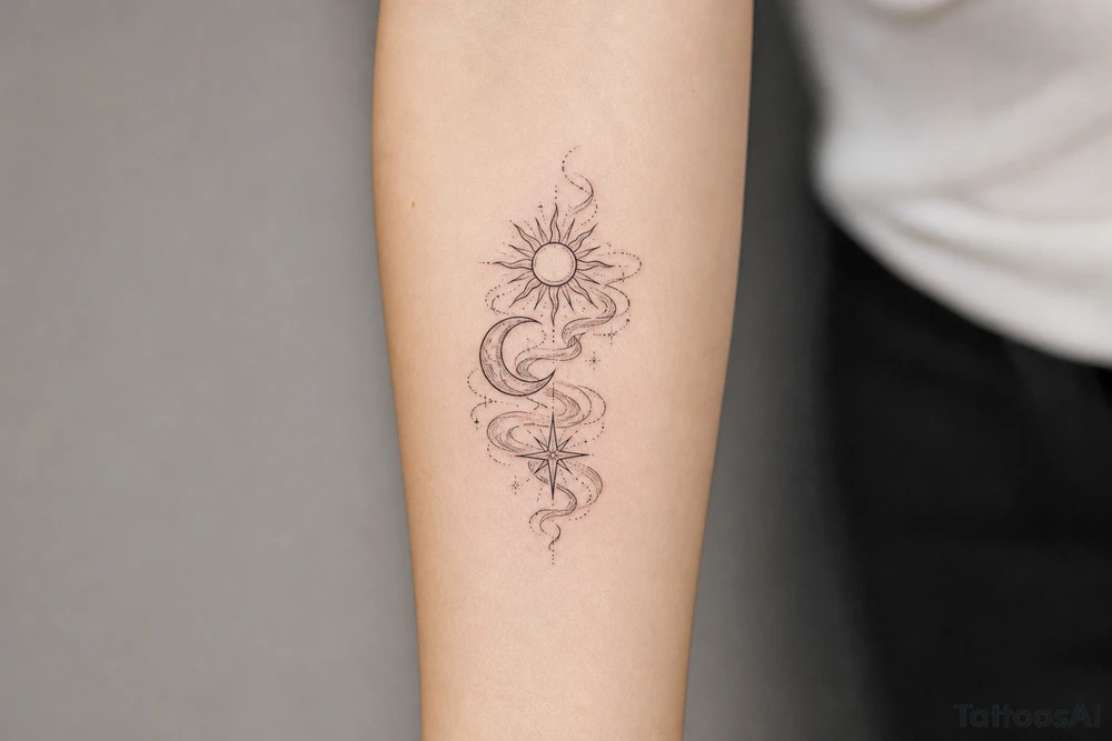 Moon, Sun, and Rising Star in the same red stencil aesthetic, with the smoke weaving through and overlapping each celestial symbol so they feel like a cohesive set for sternum placement. The Rising Star specifically incorporates the same flowing ribbon effect you liked in the Moon and Sun references. tattoo idea