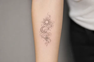 Moon, Sun, and Rising Star in the same red stencil aesthetic, with the smoke weaving through and overlapping each celestial symbol so they feel like a cohesive set for sternum placement. The Rising Star specifically incorporates the same flowing ribbon effect you liked in the Moon and Sun references. tattoo idea