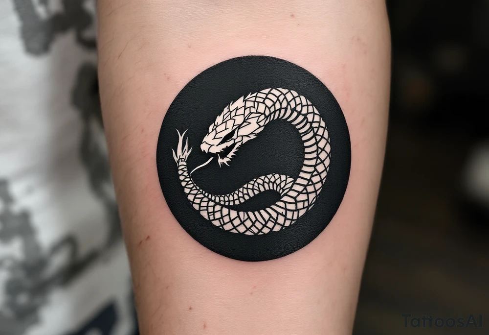 A white ouroboros (snake eating its own tail) on a black circular background, symbolizing eternal safety. tattoo idea