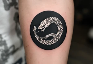 A white ouroboros (snake eating its own tail) on a black circular background, symbolizing eternal safety. tattoo idea