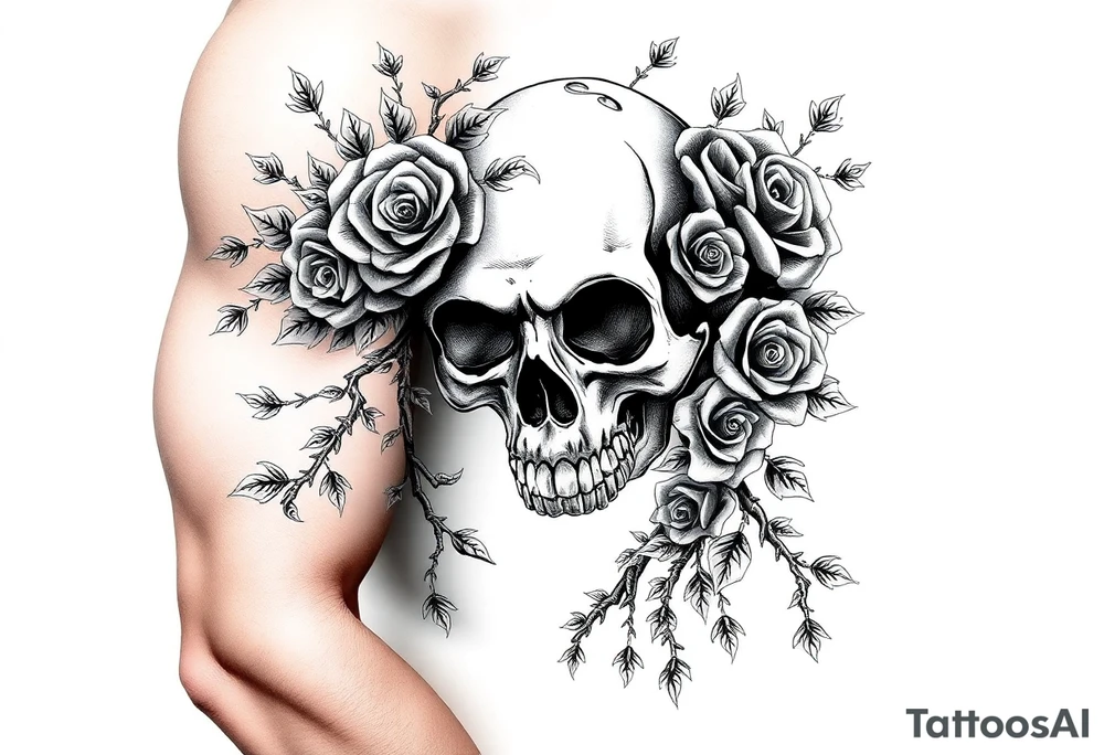 gothic skull intertwined with climbing roses and thorny vines tattoo idea