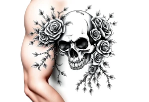 gothic skull intertwined with climbing roses and thorny vines tattoo idea
