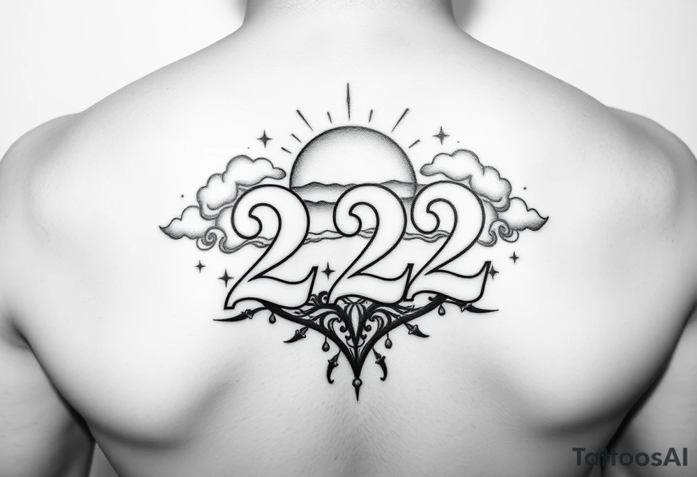 Bold 222 surrounded with sunset and love and stardust and vibration tattoo idea