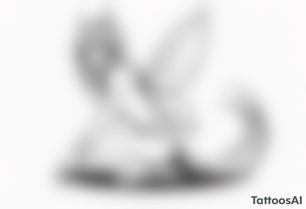 No color sketch of a fairy with a tail inspired by the guild symbol in the anime show called Fairy Tail in a fetal position leaning in and forward while crawled in tattoo idea