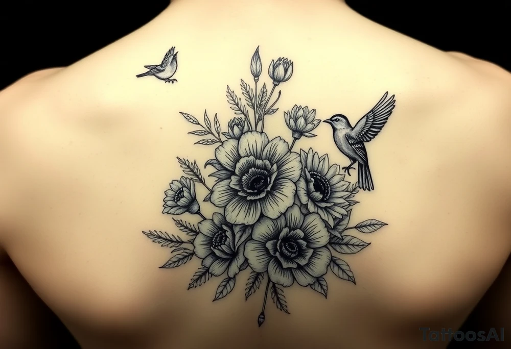 Different flowers with different birds surrounding them. Black and white tattoo idea